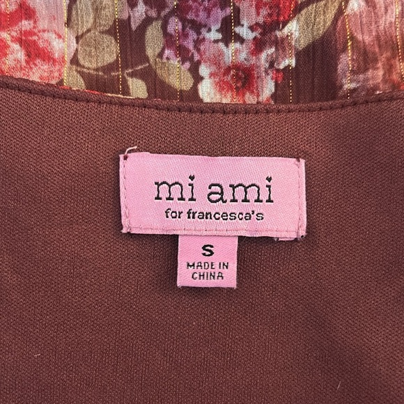 Mi Ami for Francesca Burgundy & Pink Floral Gold Tinsel Cottagecore Wrap Dress S - Picture 5 of 6